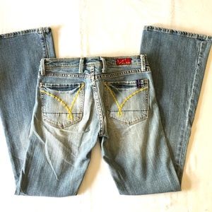 Flare wide leg stretch stone-washed faded denim jeans women’s size 27 26 25